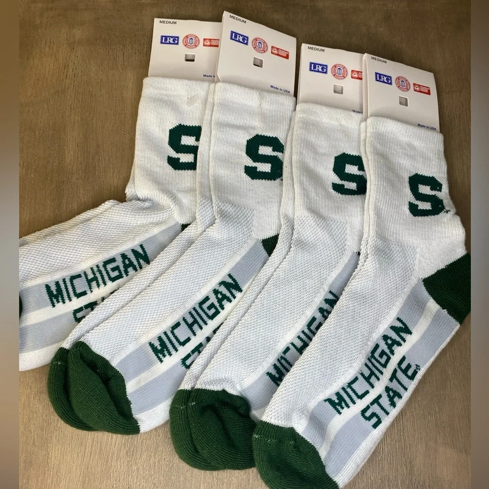 Michigan State University Spartan Logo Unisex Crew Sock White Green Size Medium